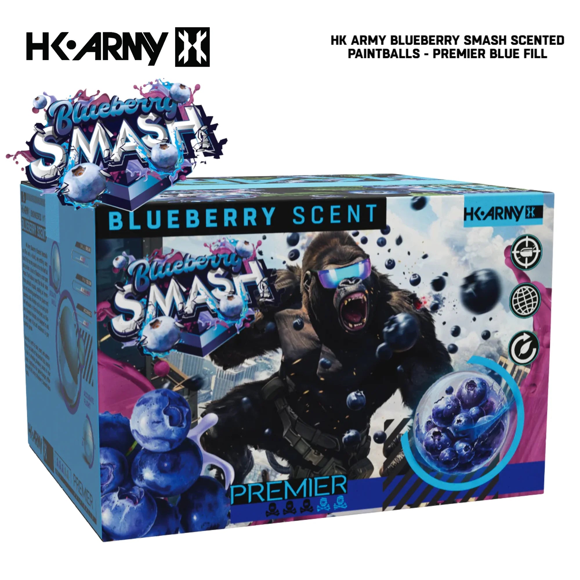 HK Army Premier Blueberry Smash scented paintballs blue fill 2000-round case detail view
