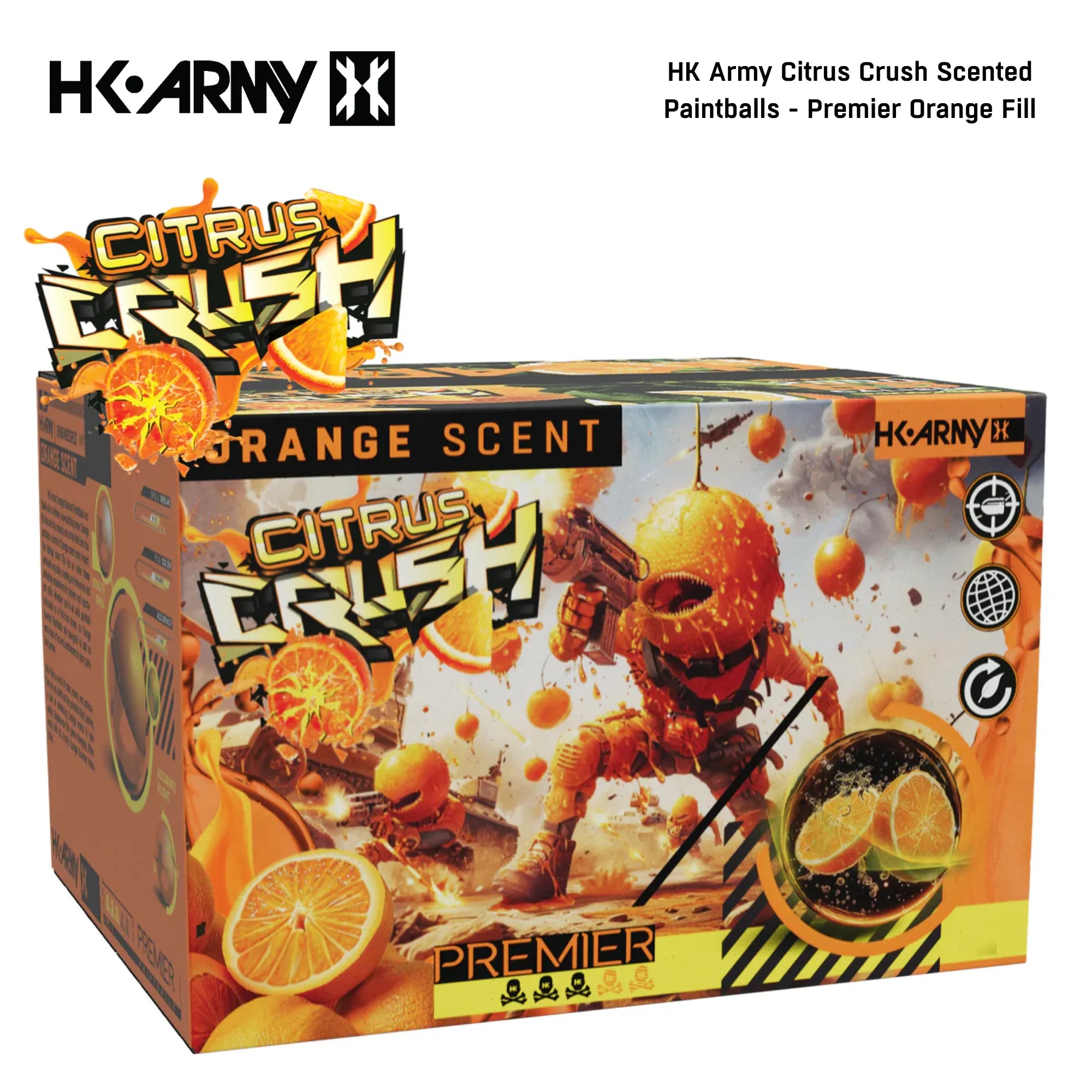 HK Army Citrus Crush Scented Paintballs – 2000 Round Case Orange std config, accessory, durable field use, for gear bags, rear angle