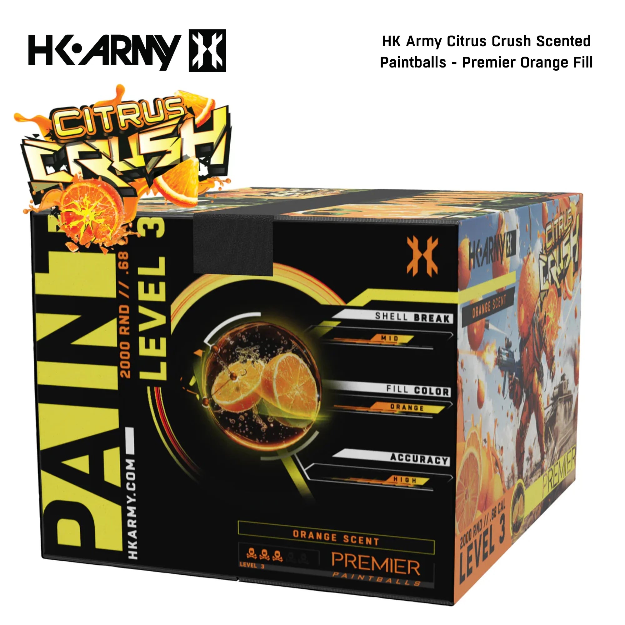 HK Army Citrus Crush Scented Paintballs – 2000 Round Case Orange std config, accessory, performance design, for gear bags, top view