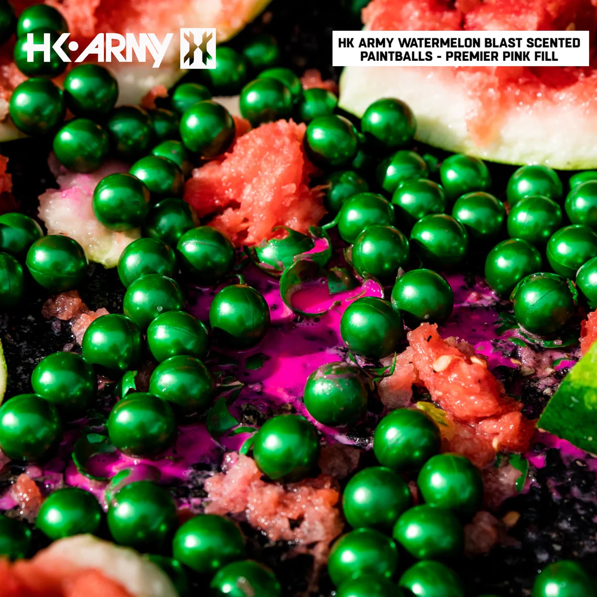 HK Army Premier Watermelon Blast scented paintballs pink fill 2000-round case side view