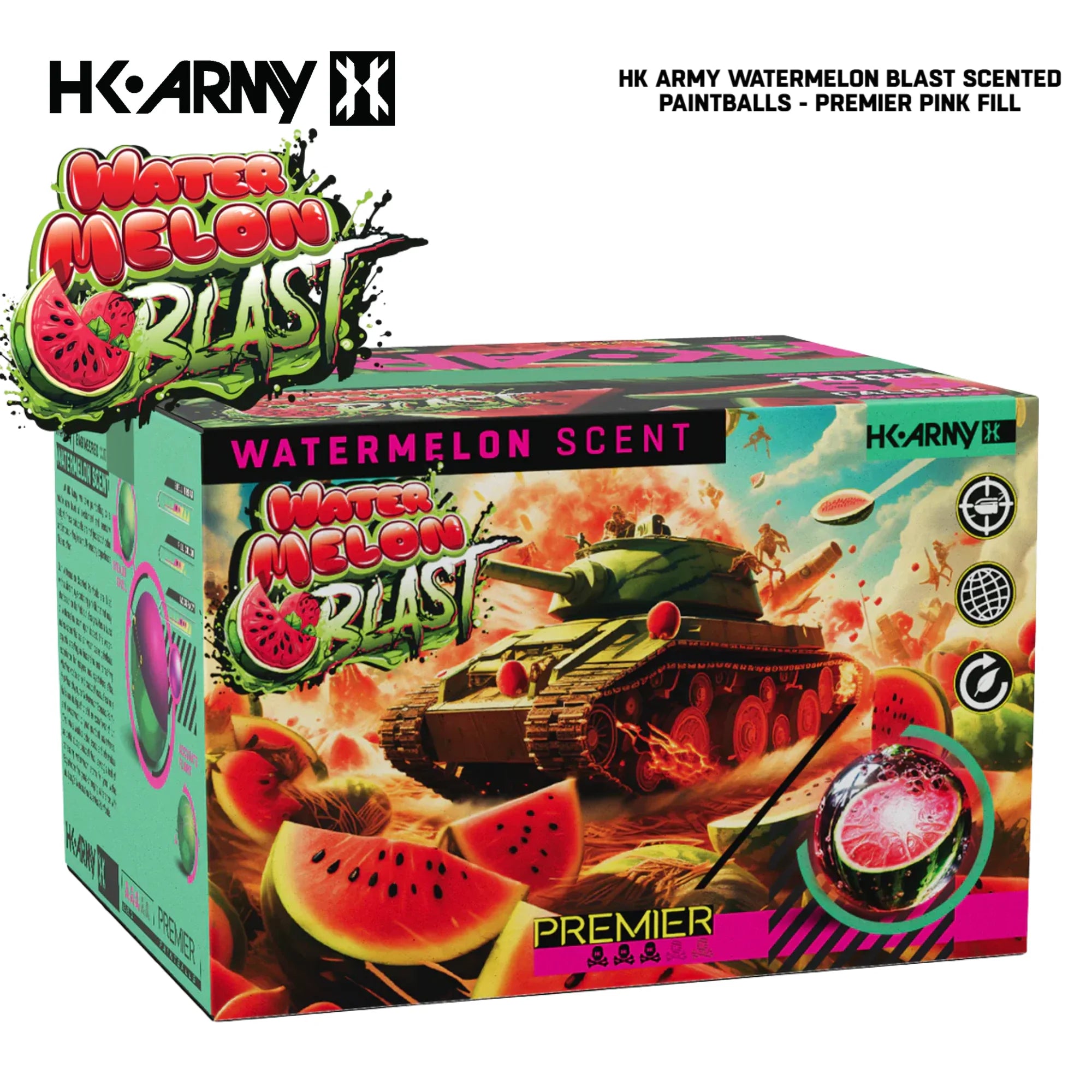 HK Army Premier Watermelon Blast scented paintballs pink fill 2000-round case angled view
