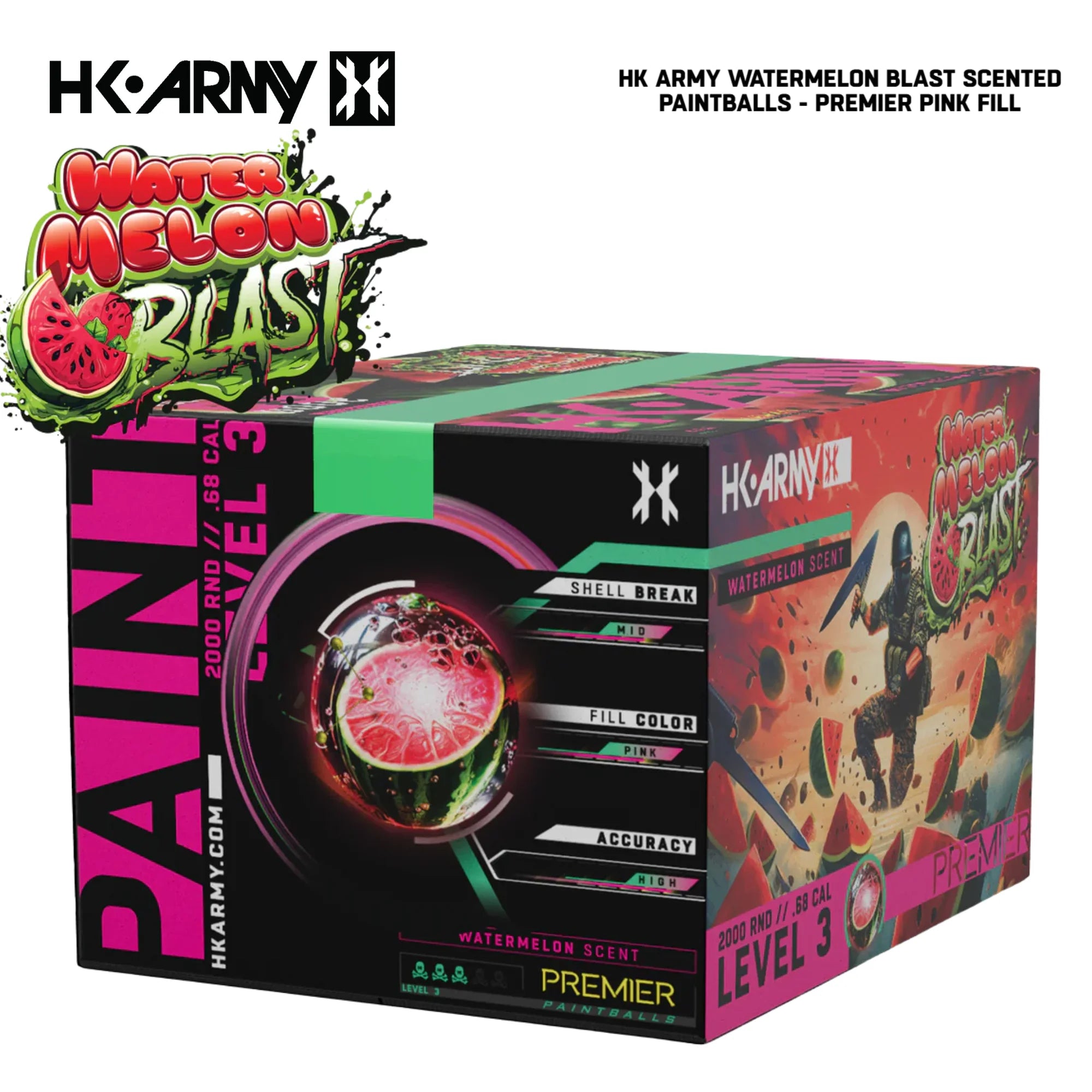 HK Army Premier Watermelon Blast scented paintballs pink fill 2000-round case detail view