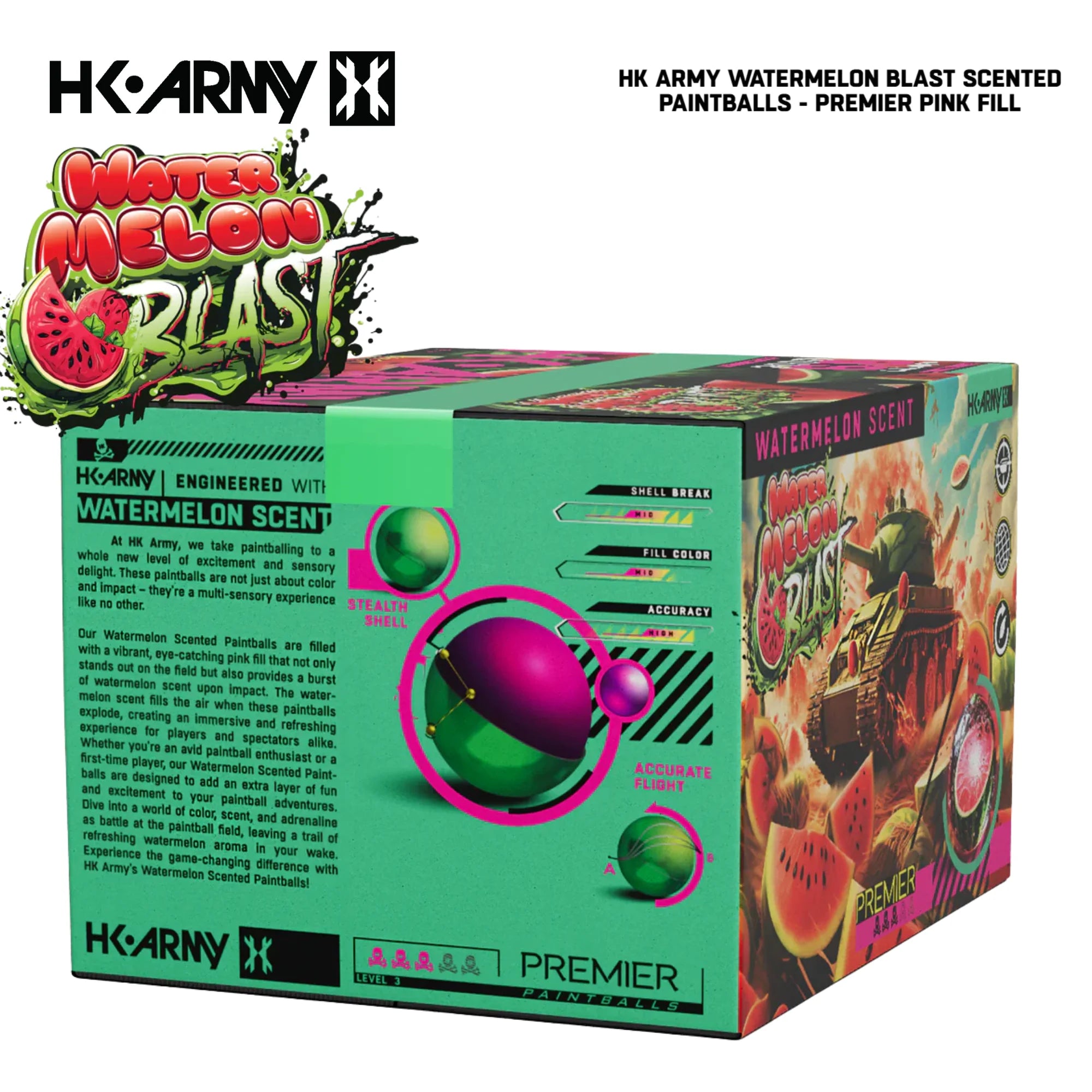 HK Army Premier Watermelon Blast scented paintballs pink fill 2000-round case detail view