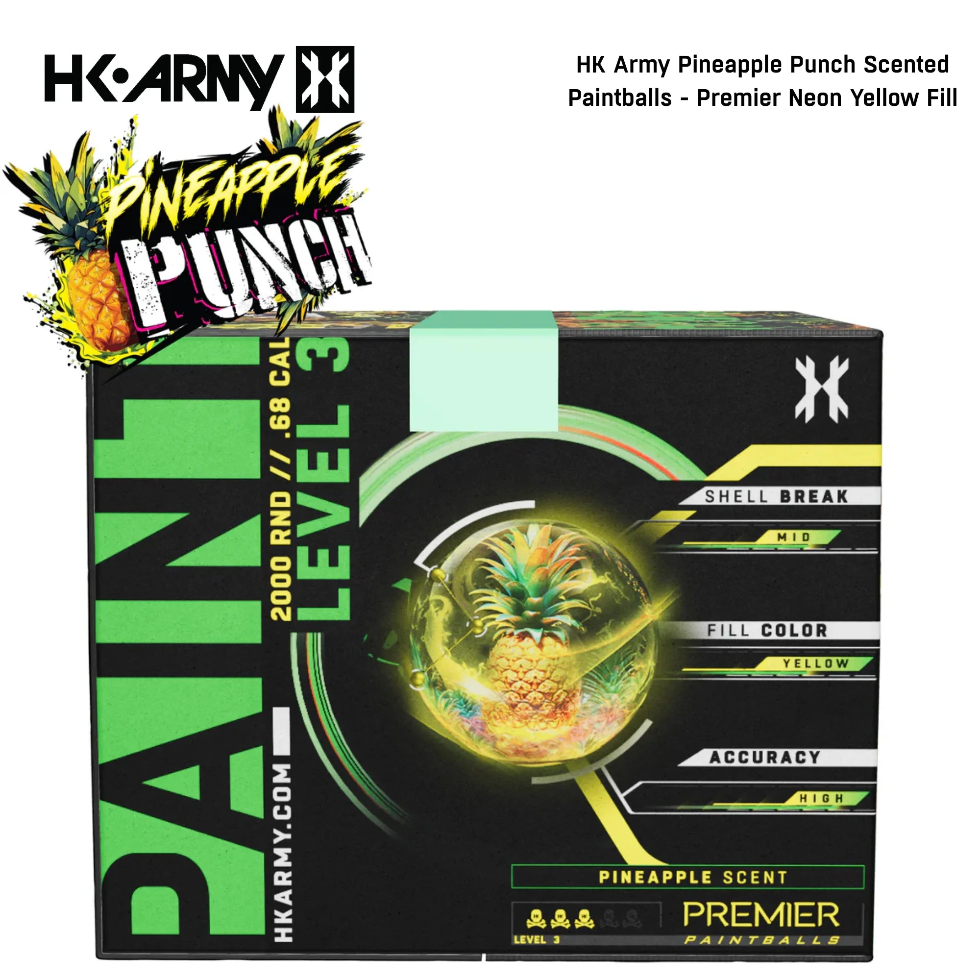 HK Army Pineapple Punch Scented Paintballs - Premier Neon Yellow std config, accessory, durable field use, for gear bags, rear angle