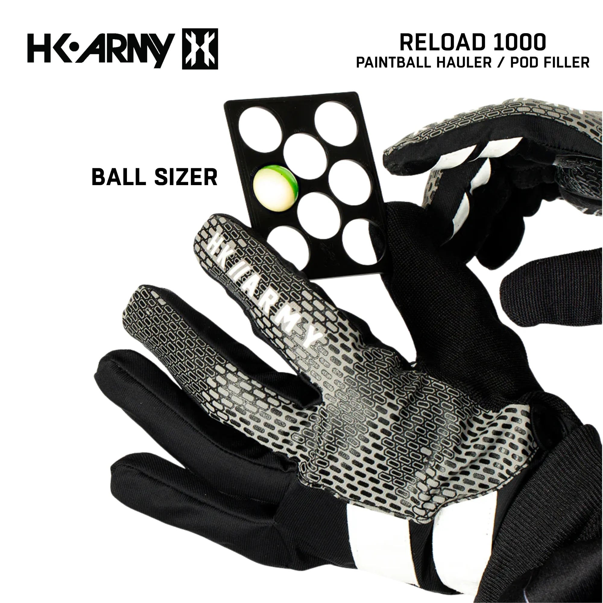 HK Army Reload 1000 paintball hauler built-in ball sizing guide close-up