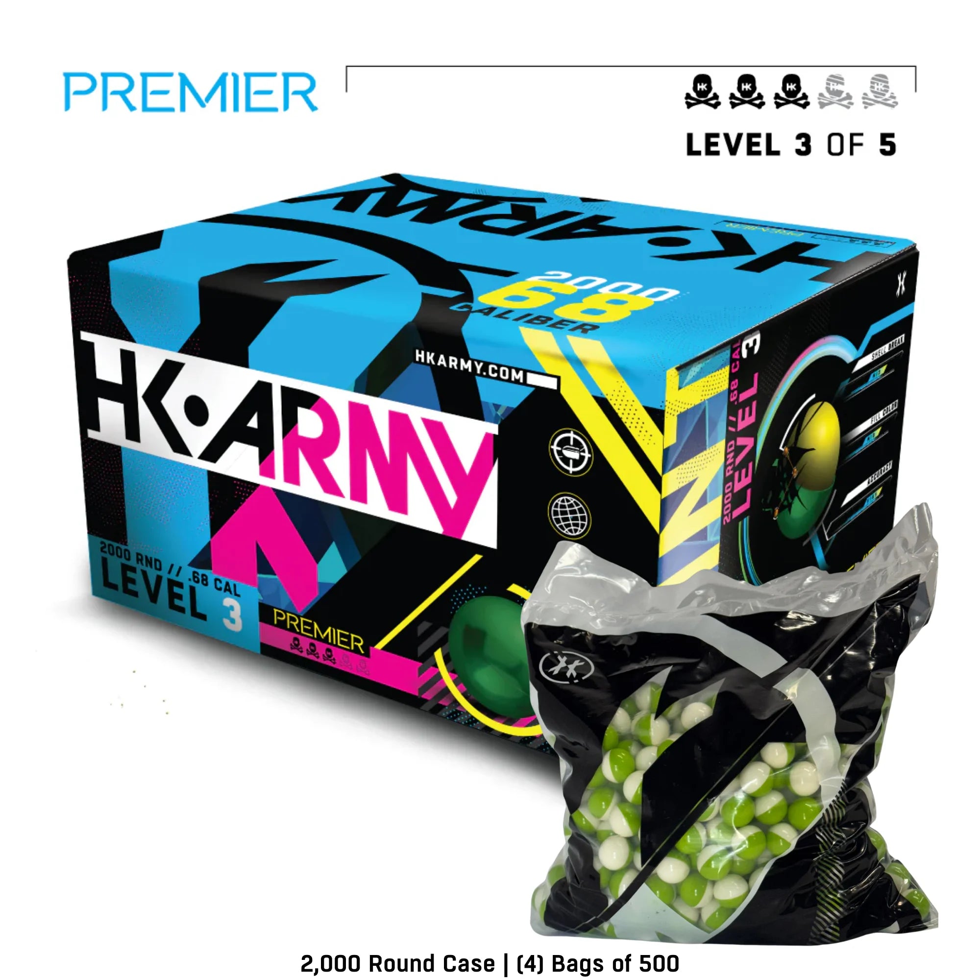 HK Army Premier Level 3.5 paintballs green and white shell white fill paintballs angled view