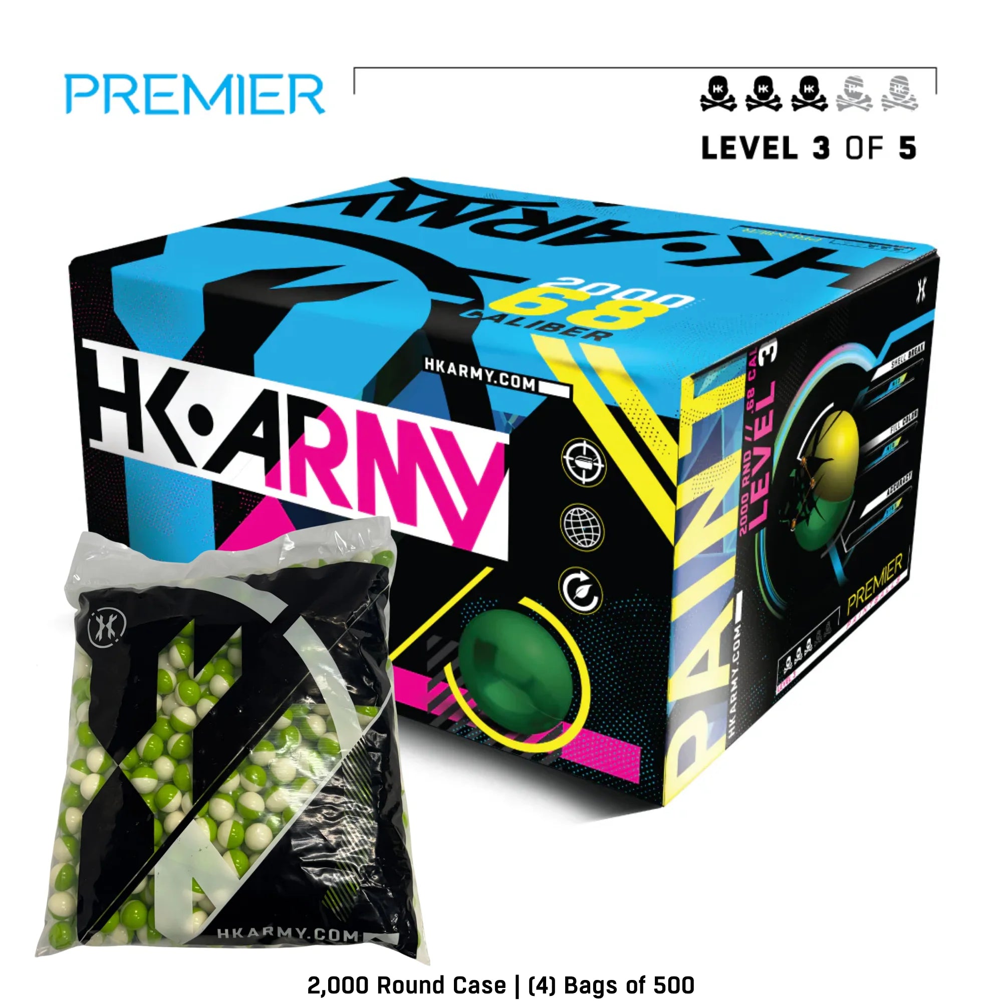 HK Army Premier Level 3.5 paintballs green and white shell white fill paintballs