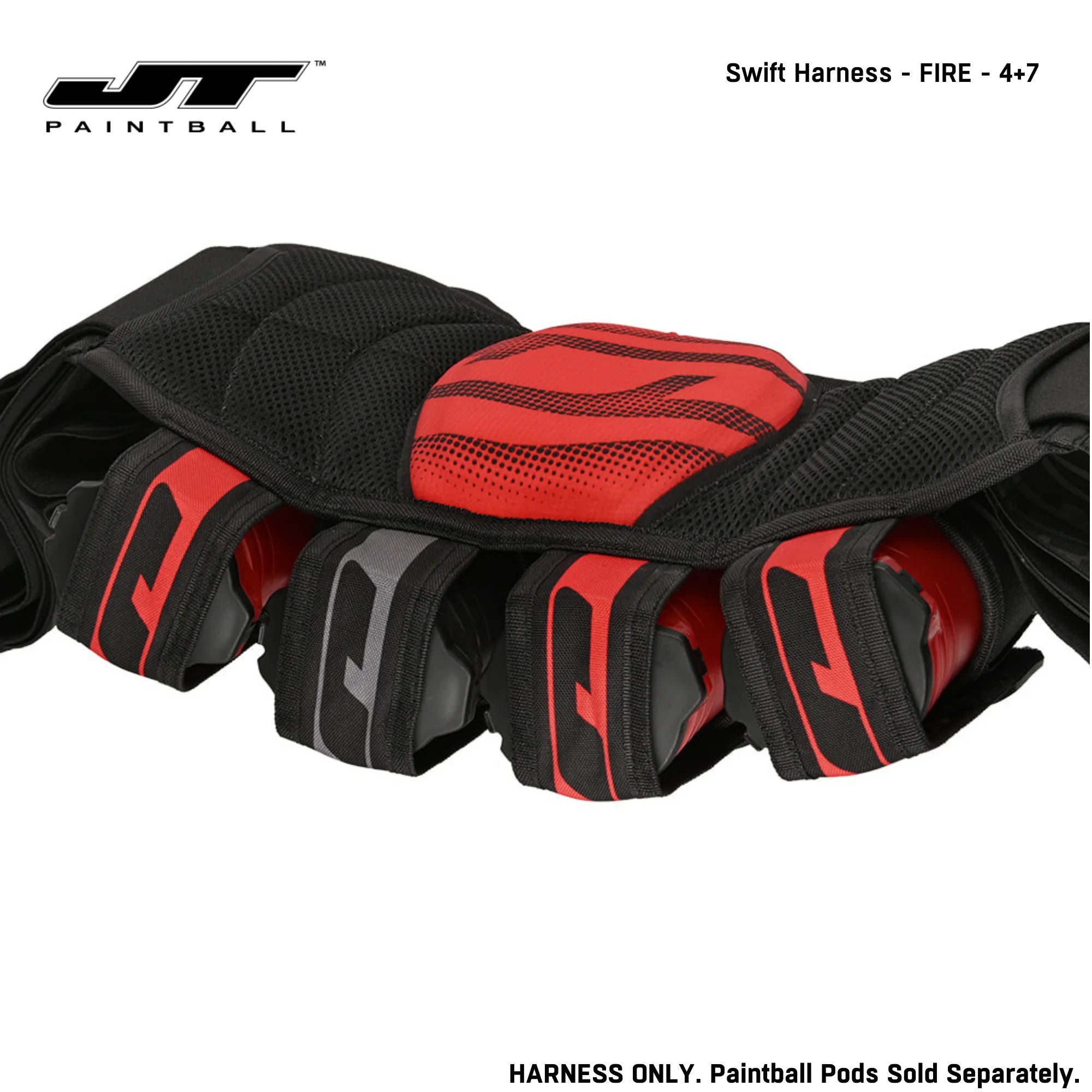 JT Swift Harness Pod Pack 4+7 and 5+8 Pod Capacity Blaze color, pod pack harness, stable waist fit, for bunker moves, close detail