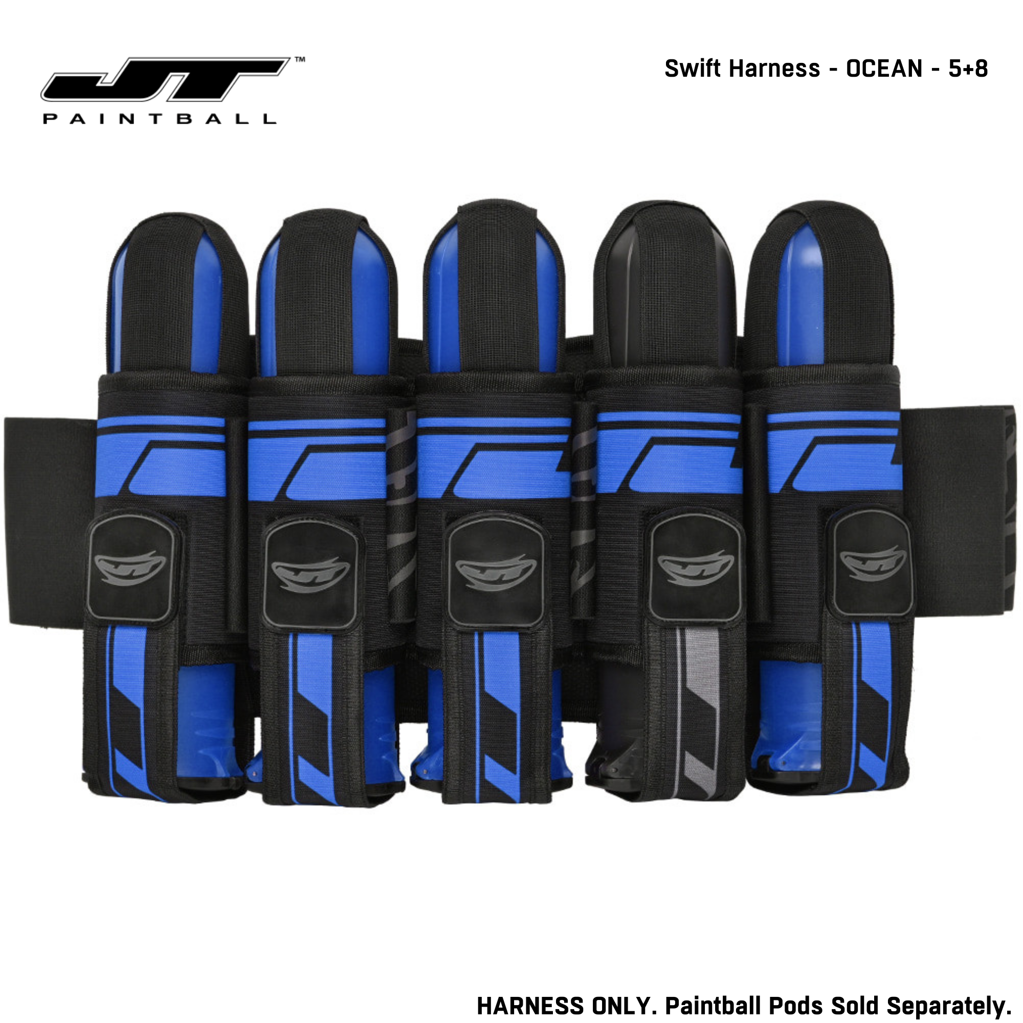 JT Swift Harness Pod Pack 4+7 and 5+8 Pod Capacity std config, pod pack harness, stable waist fit, for bunker moves, profile detail