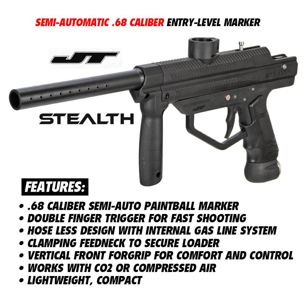 Maddog JT Stealth semi-automatic .68 caliber paintball gun with integrated foregrip and internal gas line system.