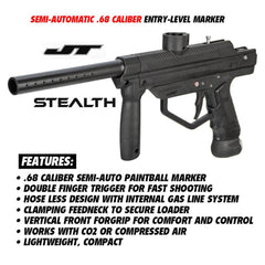 Maddog JT Stealth semi-automatic .68 caliber paintball gun with integrated foregrip and internal gas line system.