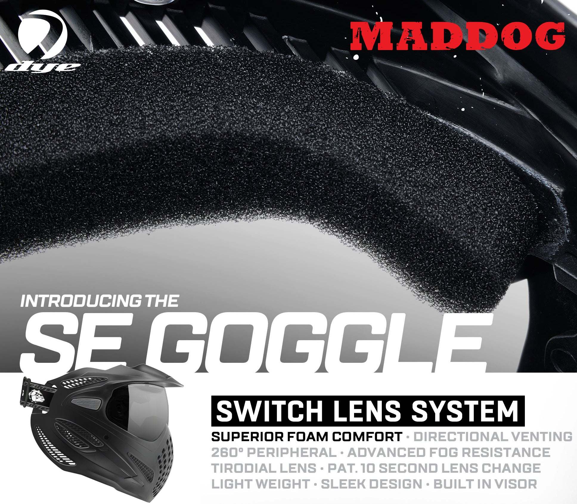 Maddog Dye SE Thermal anti-fog paintball mask goggle with switch lens system, superior foam comfort, built-in visor, and 260-degree peripheral vision.