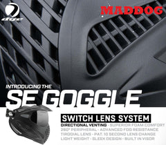 Maddog Dye SE Special Edition paintball mask with thermal anti-fog switch lens system, directional venting, and built-in visor.