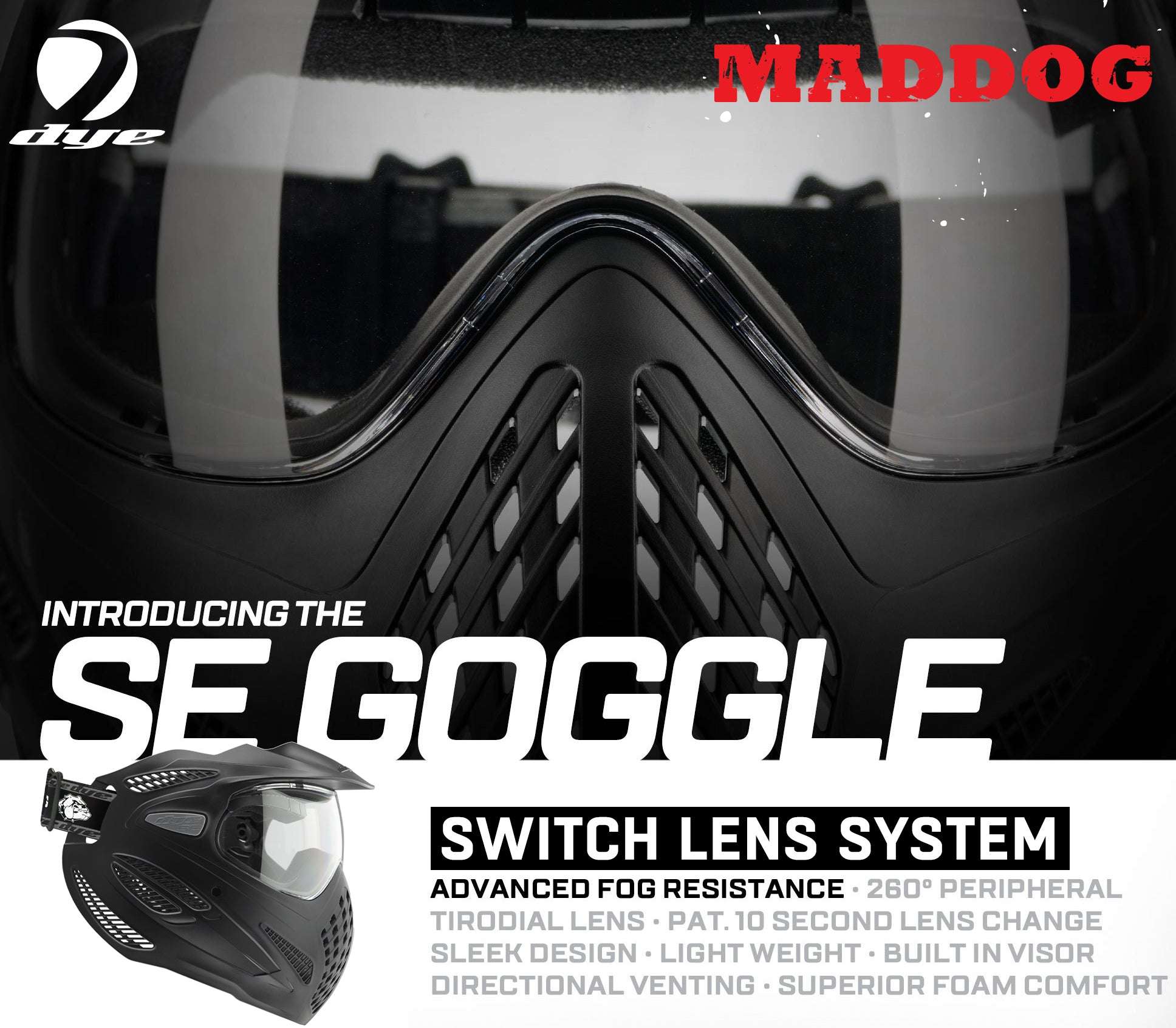 Maddog Dye SE Special Edition thermal anti-fog paintball mask goggle with switch lens system, 260-degree peripheral vision, lightweight design, and superior comfort foam.