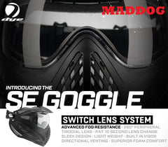Maddog Dye SE Special Edition thermal anti-fog paintball mask goggle with switch lens system, 260-degree peripheral vision, lightweight design, and superior comfort foam.