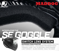 Maddog Dye SE Special Edition paintball mask goggle with thermal anti-fog switch lens system, superior comfort foam, and built-in visor.