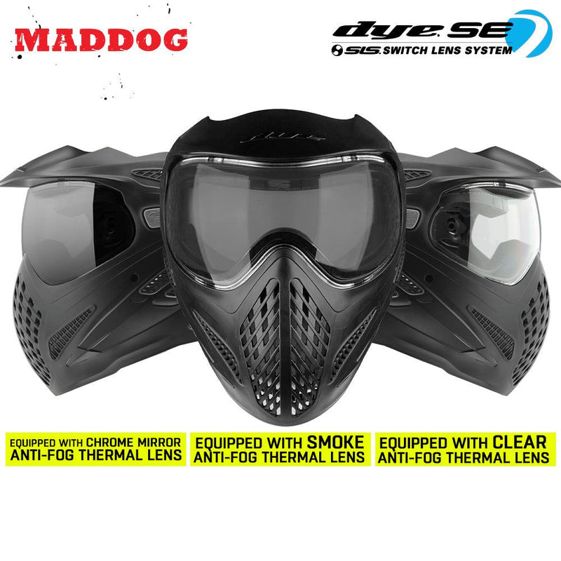 Maddog Dye SE Special Edition paintball mask goggles with thermal anti-fog lenses in chrome mirror, smoke, and clear options