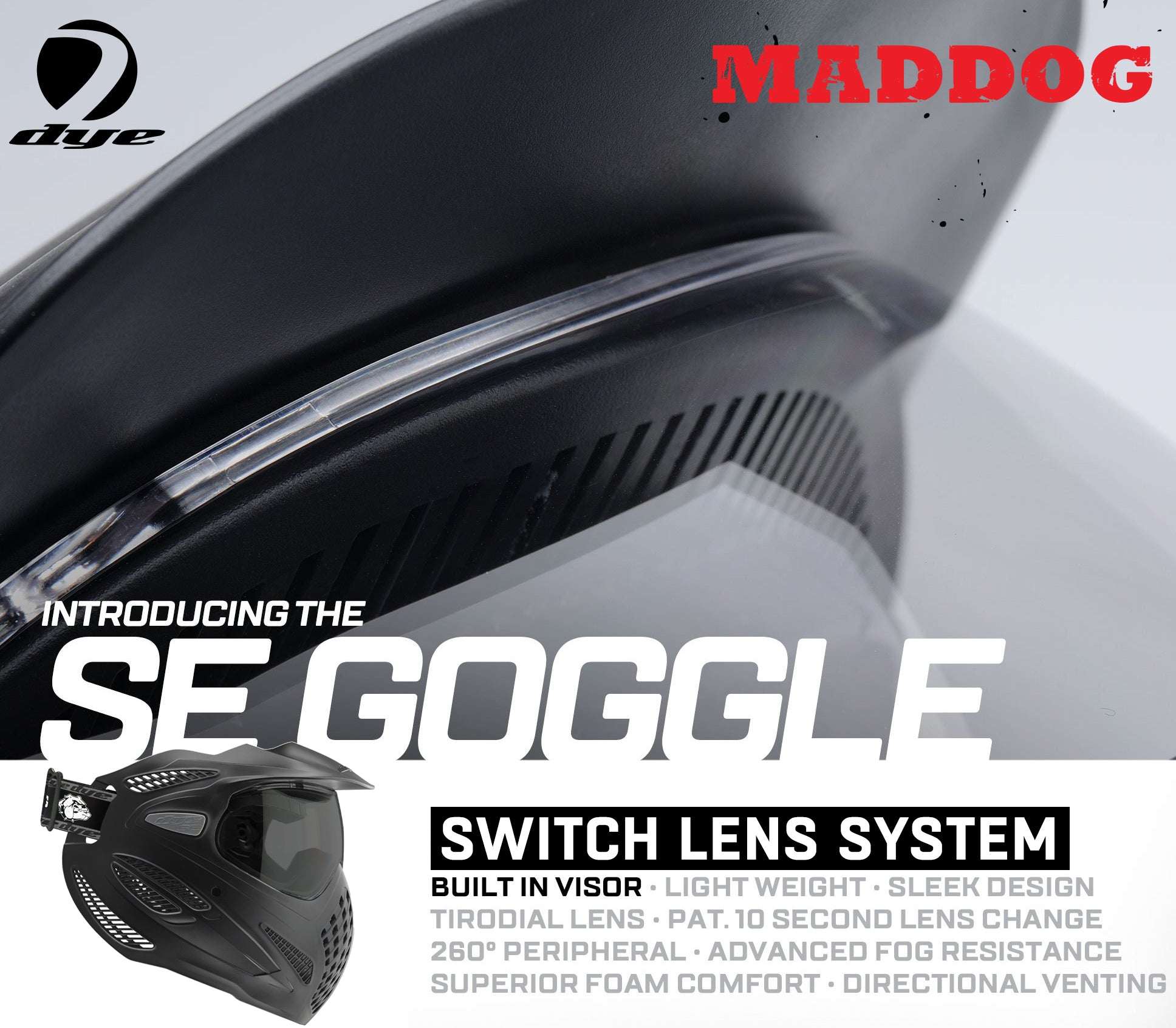 Maddog Dye SE Thermal anti-fog paintball mask with switch lens system and built-in visor in smoke, clear, and mirror options