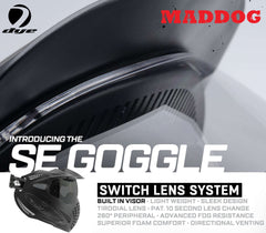 Maddog Dye SE Thermal anti-fog paintball mask with switch lens system and built-in visor in smoke, clear, and mirror options