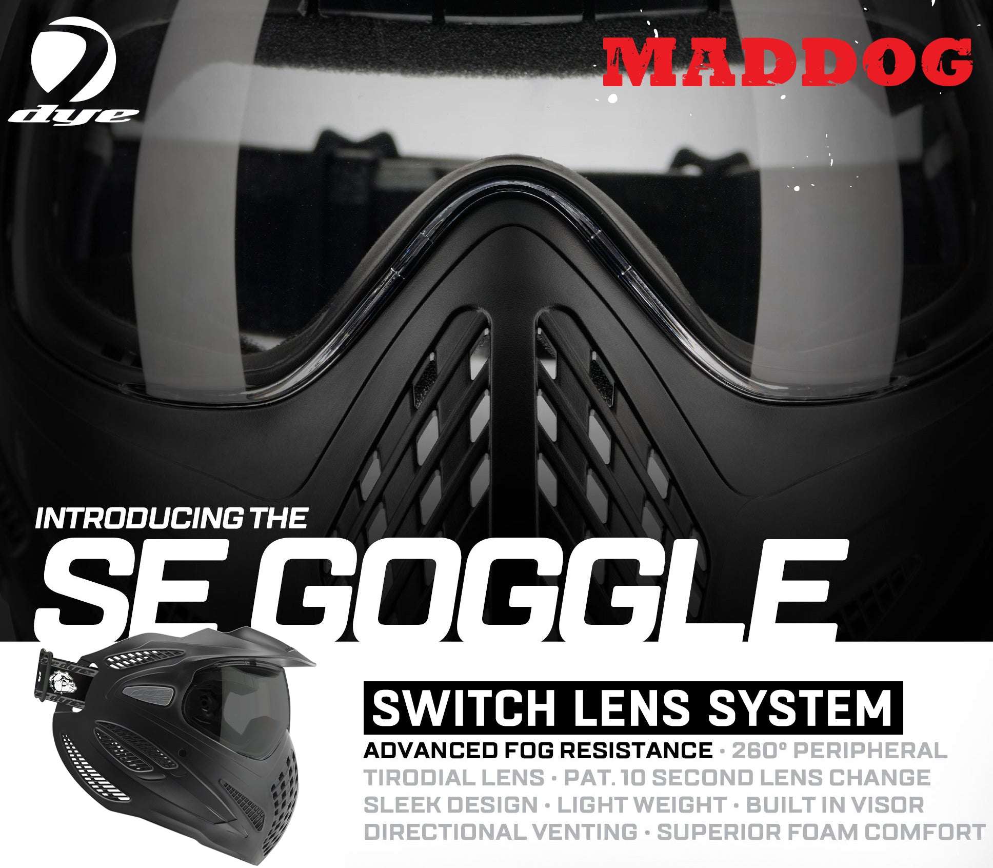 Maddog Dye SE Thermal paintball mask goggle with switch lens system, anti-fog thermal lenses, 260-degree peripheral vision, lightweight design, and built-in visor.