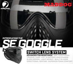 Maddog Dye SE Thermal paintball mask goggle with switch lens system, anti-fog thermal lenses, 260-degree peripheral vision, lightweight design, and built-in visor.