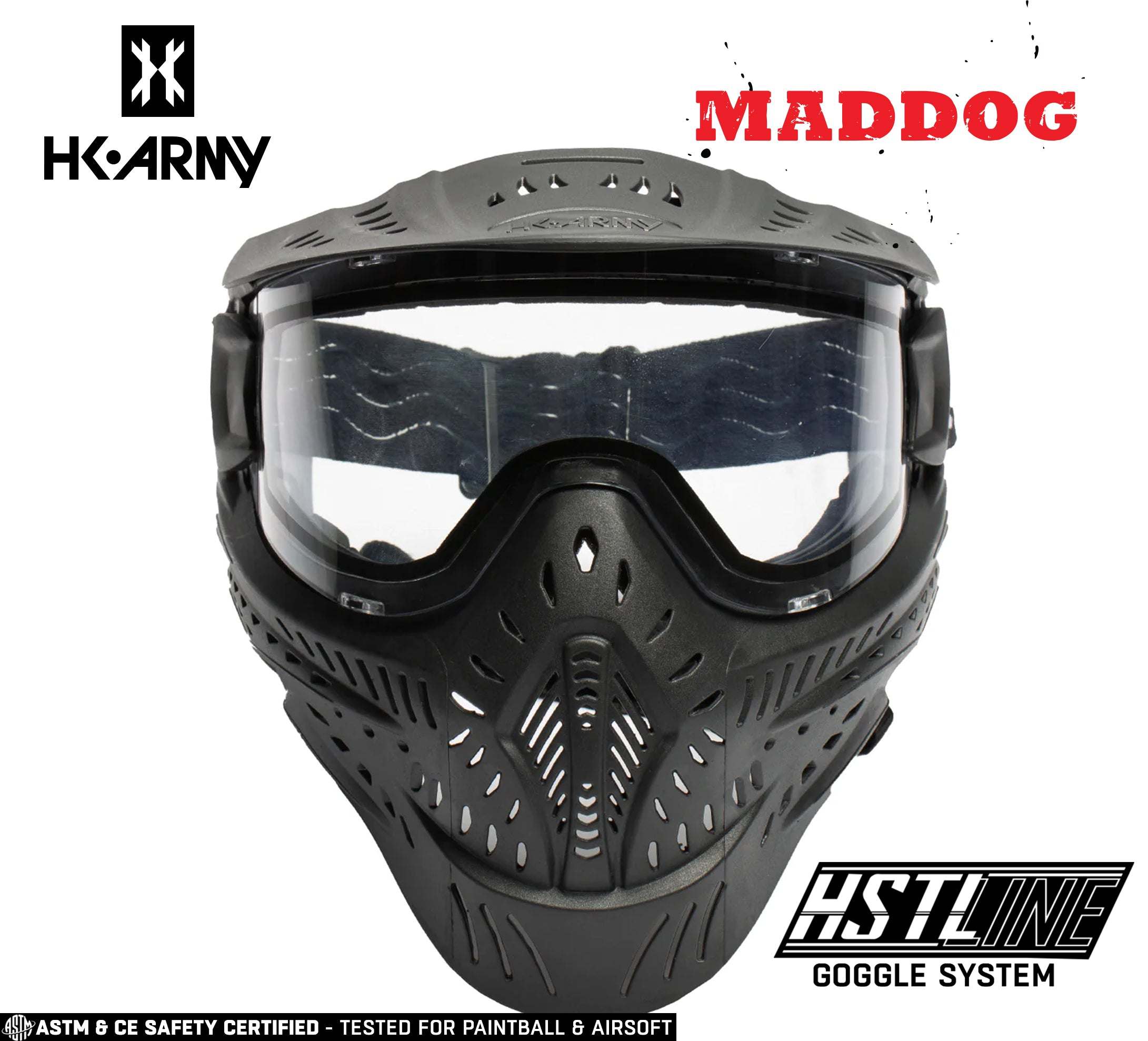 Maddog HK Army HSTL Goggle black full-face paintball and airsoft mask with clear anti-fog thermal lens and breathable ventilation system