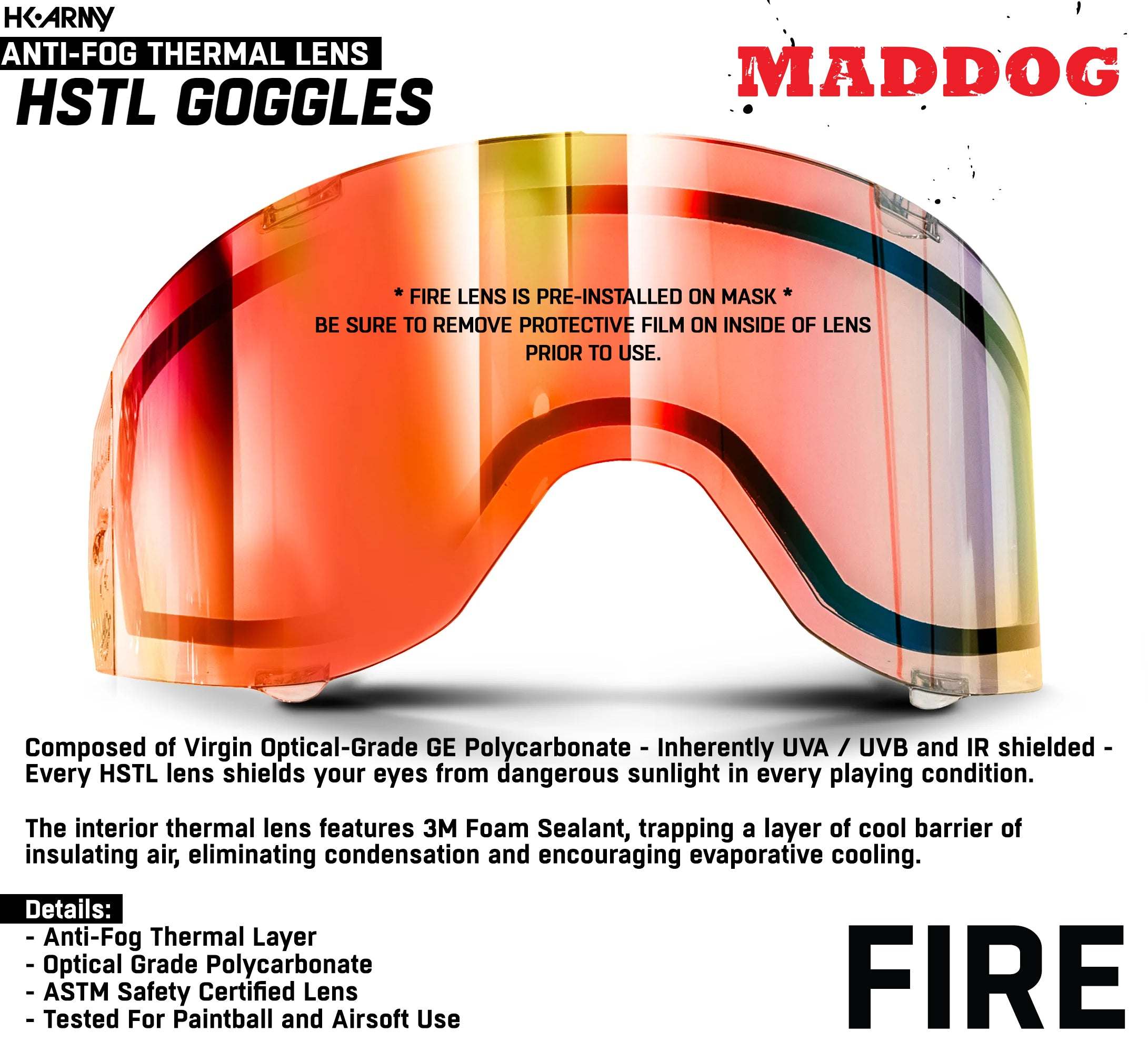 Maddog HK Army HSTL Goggle with Fire Anti-Fog Thermal Lens, optical-grade polycarbonate protection for paintball and airsoft.