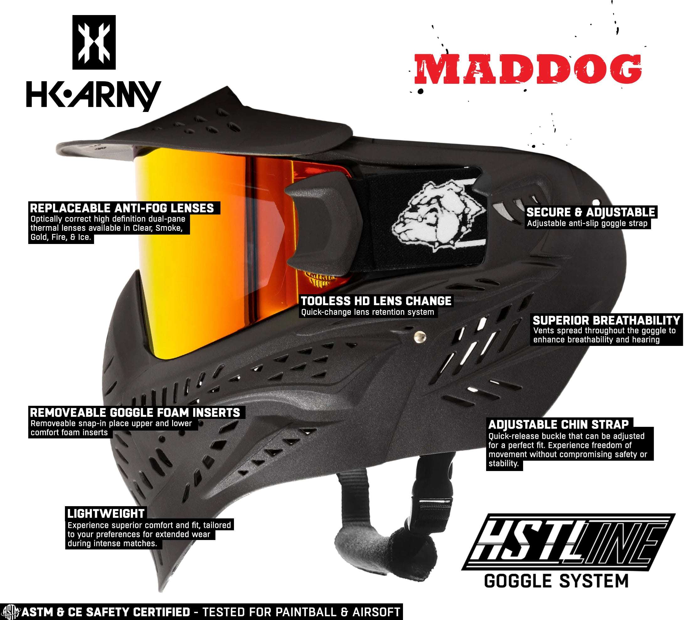 Maddog HK Army HSTL Goggle with anti-fog thermal lens, adjustable straps, lightweight breathable full-face paintball and airsoft mask.
