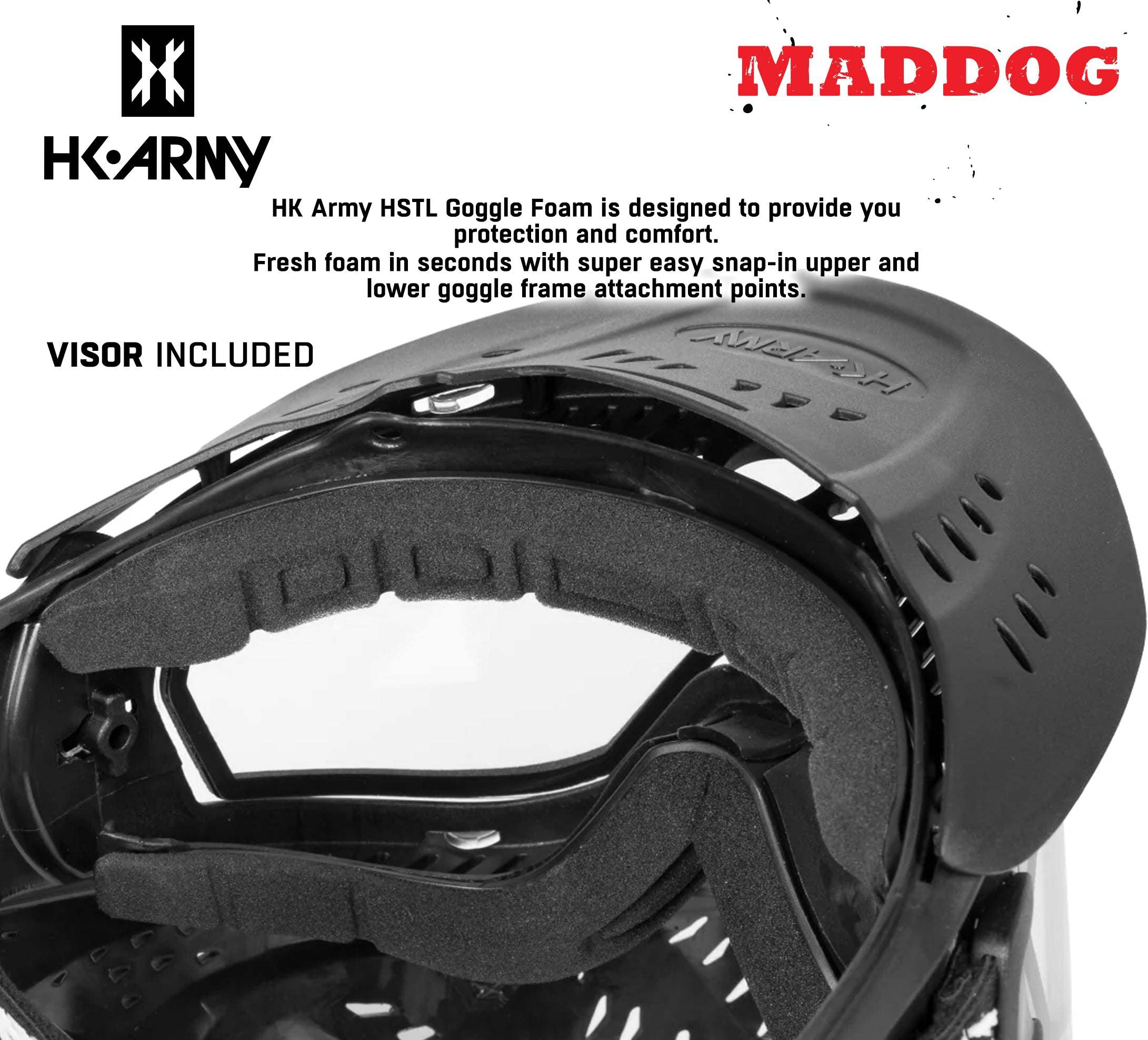 Maddog HK Army HSTL Goggle paintball mask with black visor and snap-in foam for comfort and protection.