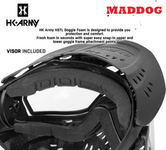 Maddog HK Army HSTL Goggle paintball mask with black visor and snap-in foam for comfort and protection.