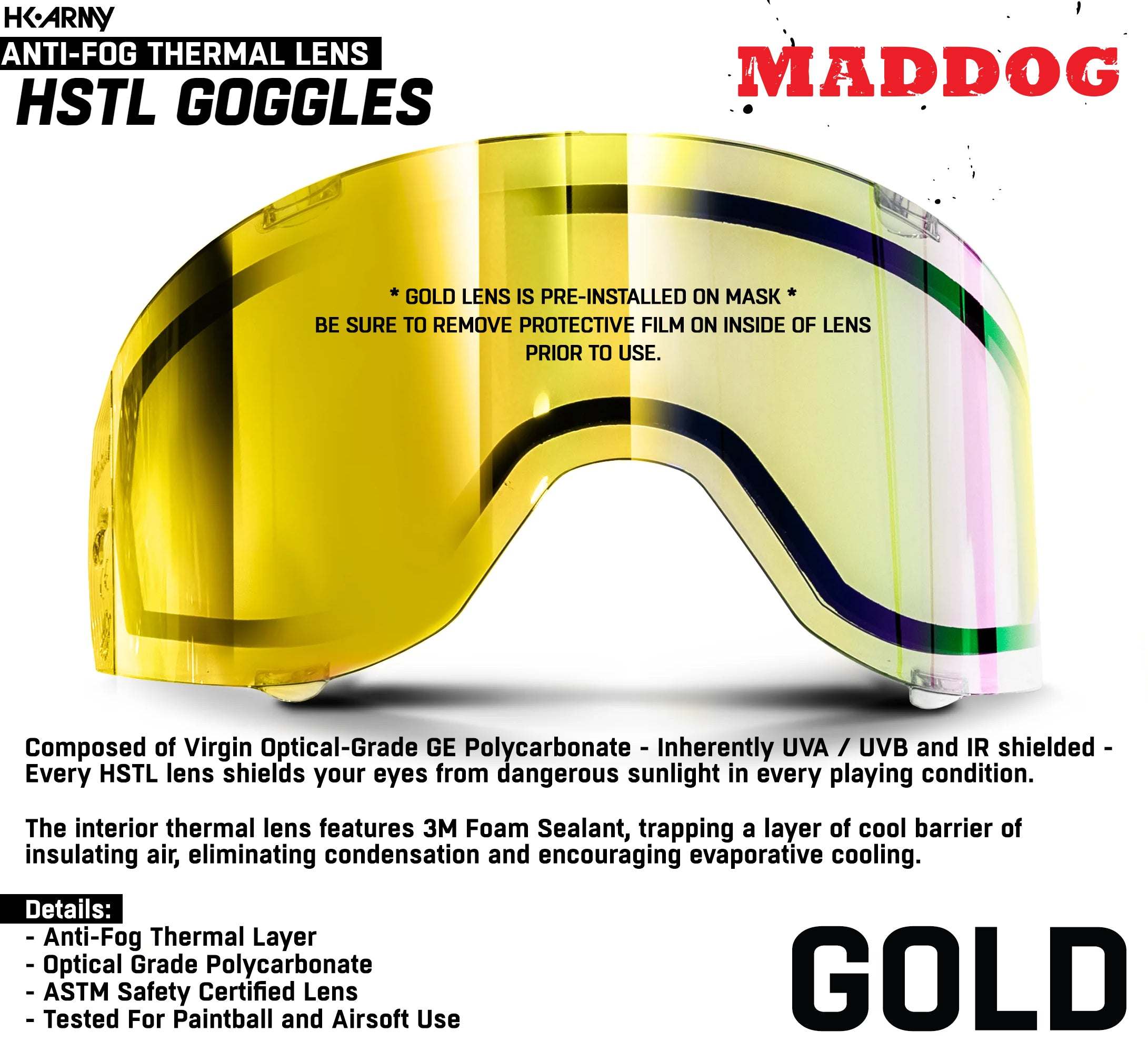 Maddog HK Army HSTL Goggle gold anti-fog thermal lens for paintball and airsoft mask protection