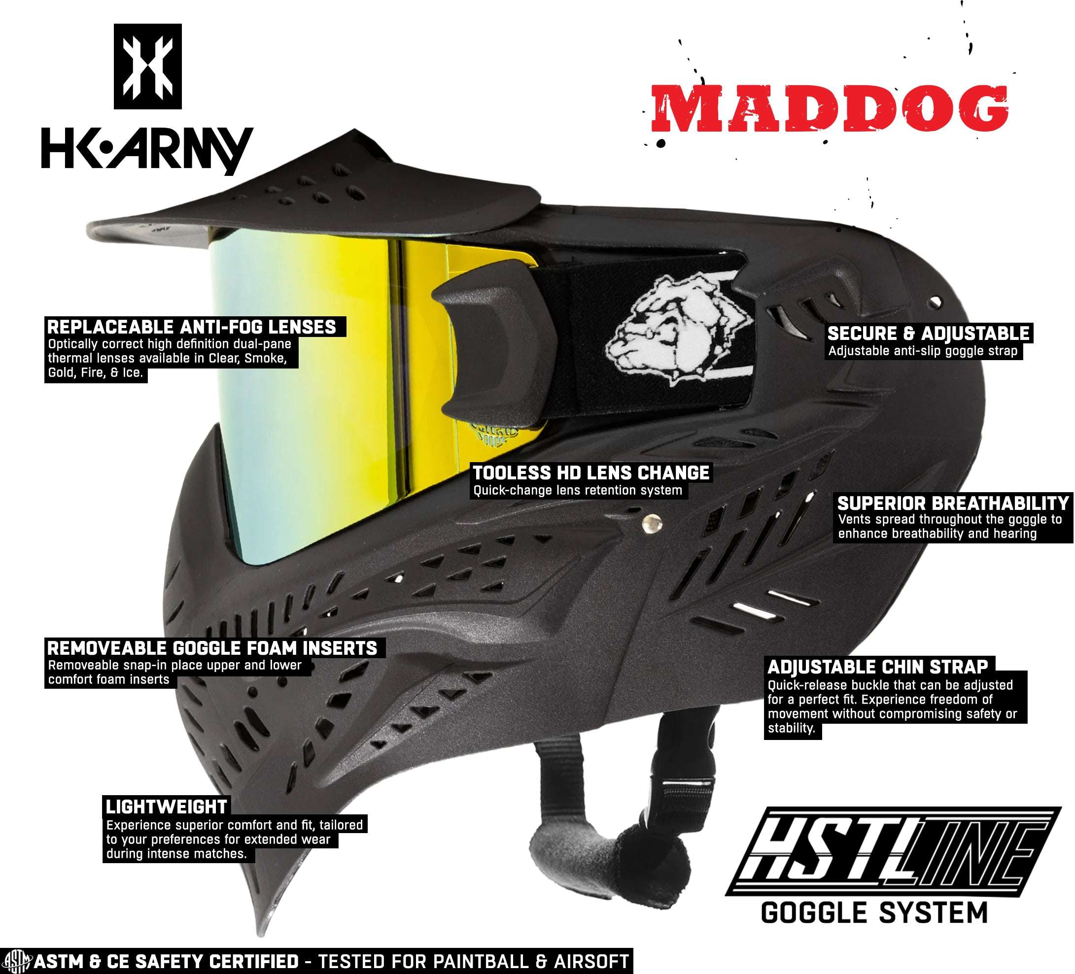 Maddog HK Army HSTL Goggle with replaceable anti-fog thermal lenses, adjustable chin strap, breathable full-face mask for paintball and airsoft safety.