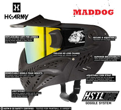Maddog HK Army HSTL Goggle with replaceable anti-fog thermal lenses, adjustable chin strap, breathable full-face mask for paintball and airsoft safety.