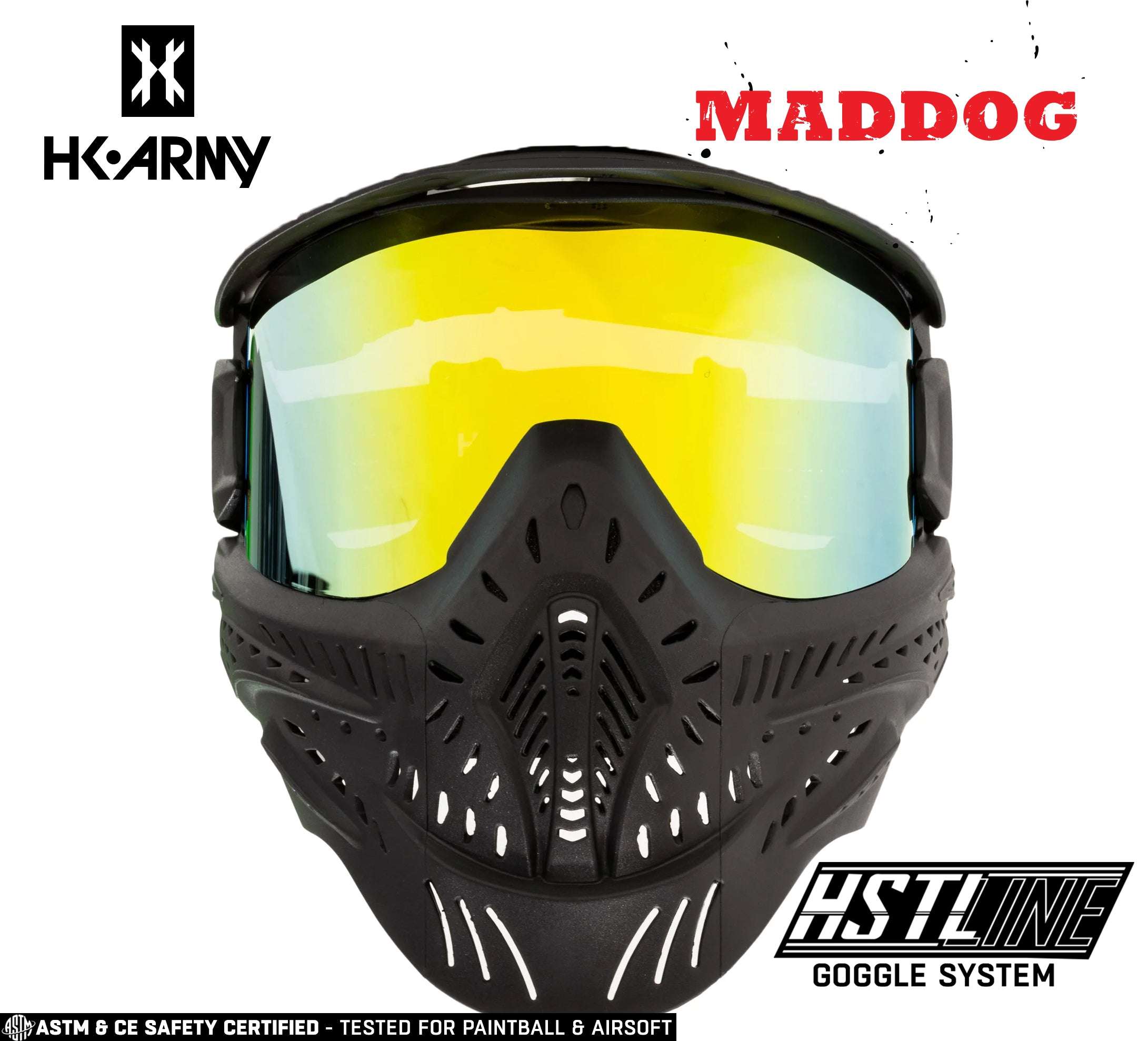 Maddog HK Army HSTL Goggle full-face paintball and airsoft mask with yellow thermal anti-fog lens and ventilated black mask