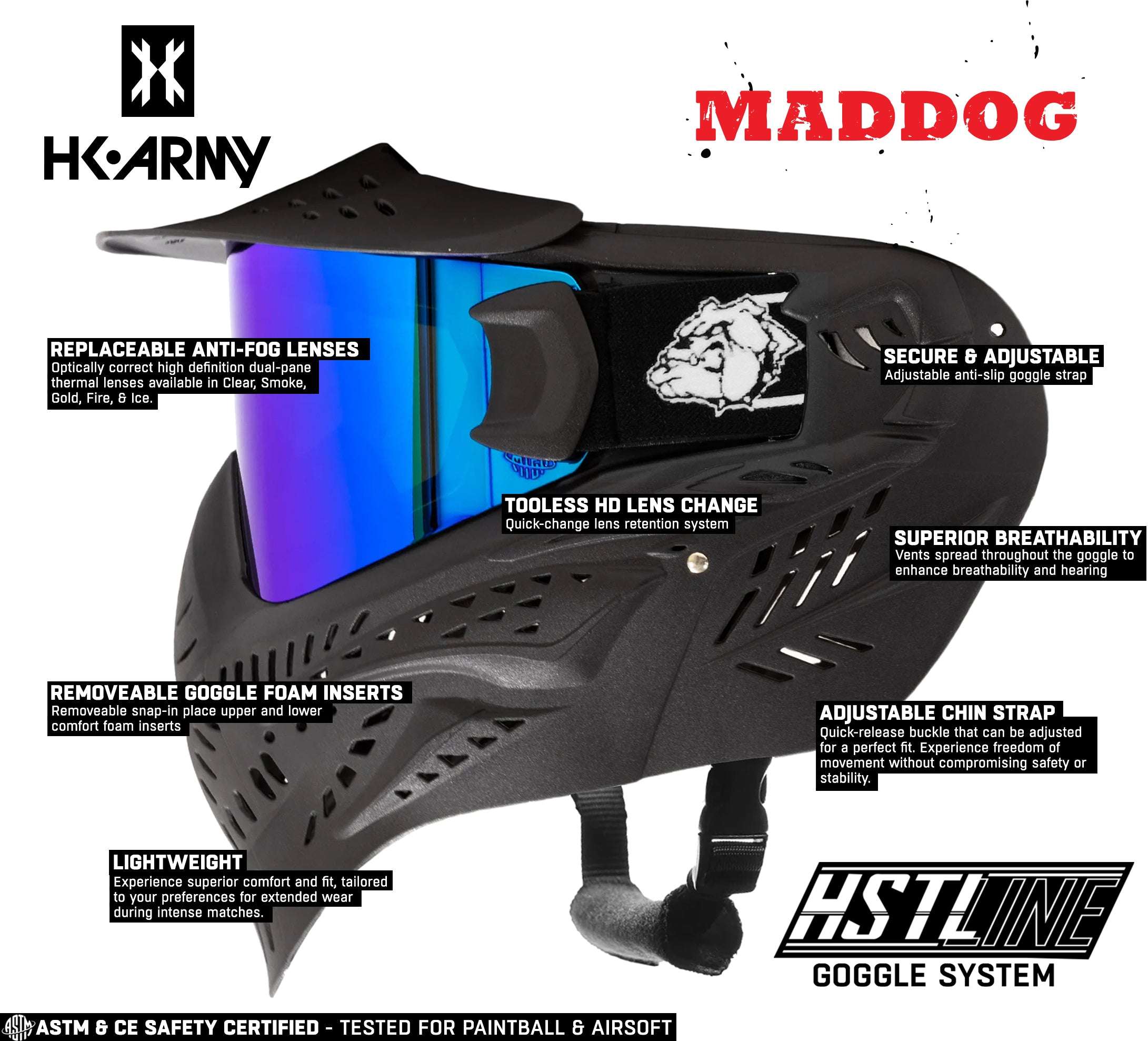 Maddog HK Army HSTL Goggle paintball mask with anti-fog thermal lens, adjustable strap, breathable design, and quick-change lens system.