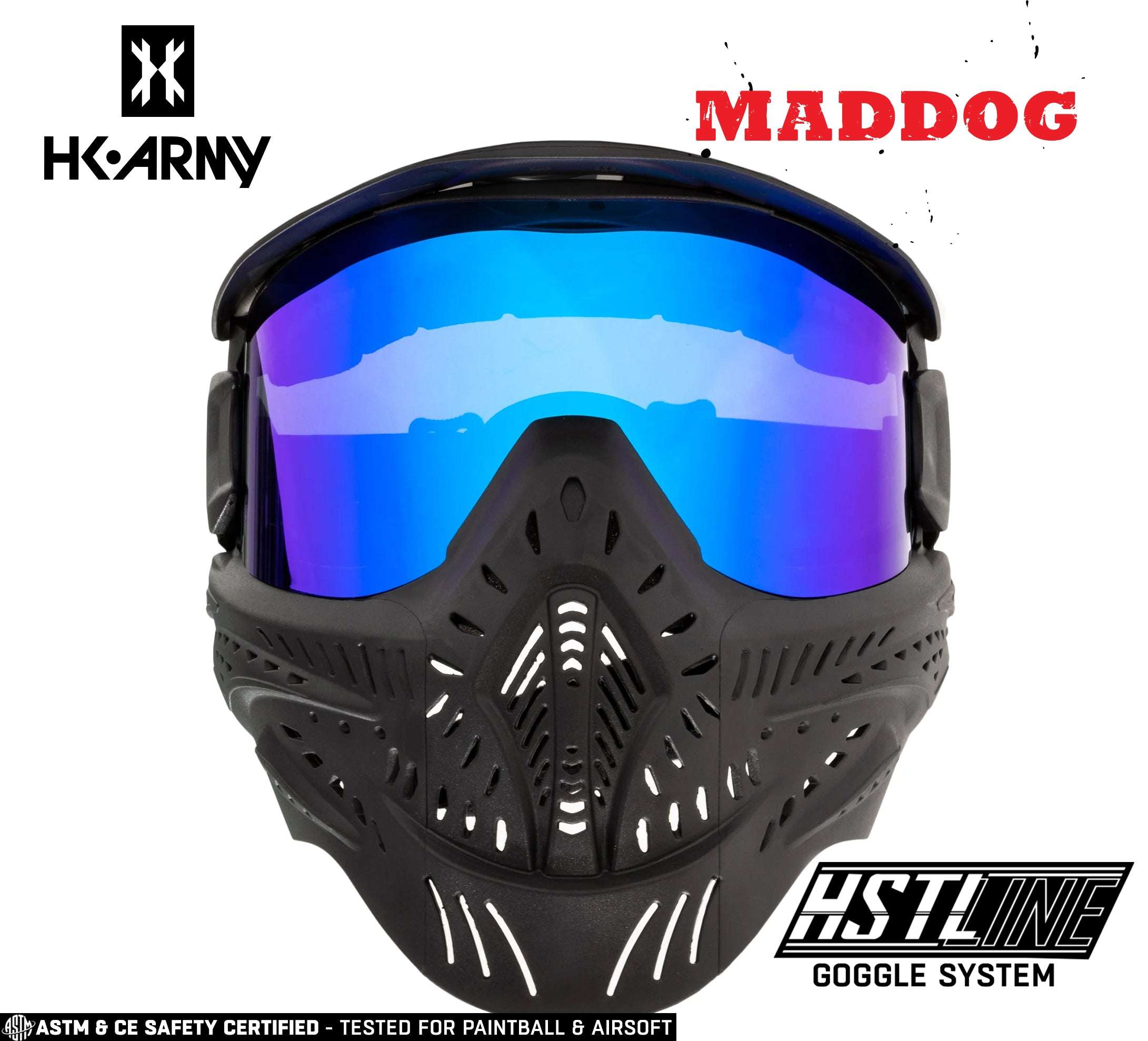 Maddog HK Army HSTL Goggle paintball mask with black ventilated full-face protection and reflective blue anti-fog thermal lens