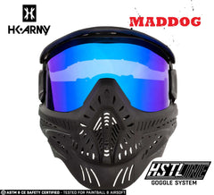 Maddog HK Army HSTL Goggle paintball mask with black ventilated full-face protection and reflective blue anti-fog thermal lens