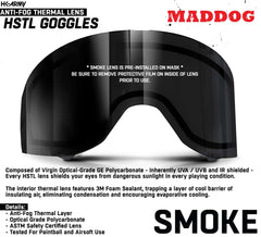 Maddog HK Army HSTL Goggle with smoke anti-fog thermal lens for paintball and airsoft, optical-grade polycarbonate and ASTM safety certified.