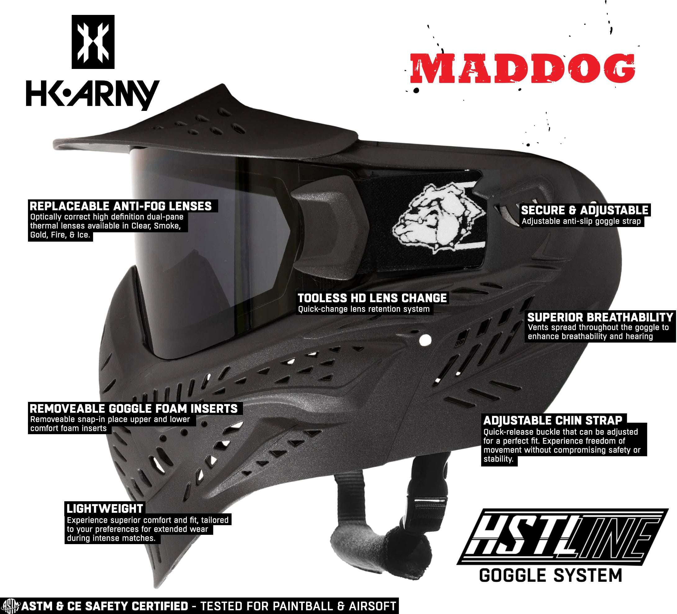 Maddog HK Army HSTL Goggle black paintball and airsoft mask with anti-fog thermal lens, adjustable chin strap, removable foam inserts, and superior breathability features.