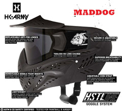 Maddog HK Army HSTL Goggle black paintball and airsoft mask with anti-fog thermal lens, adjustable chin strap, removable foam inserts, and superior breathability features.