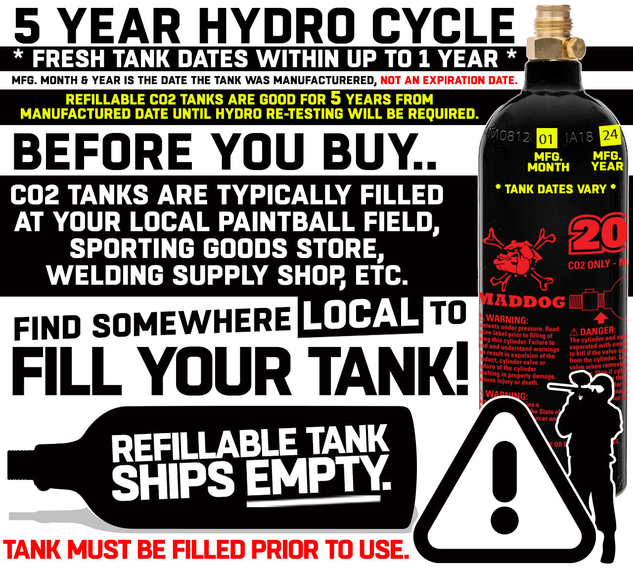 CLEARANCE Maddog 20 Oz Aluminum Paintball Tank Co2 Bottle - Black | OPEN BOX / USED