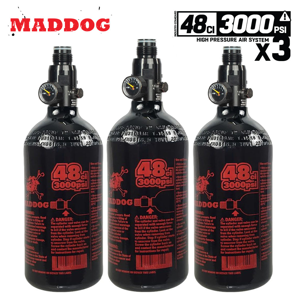 Three Maddog 48ci Compressed Air Tanks 3000psi for paintball with regulators and pressure gauges