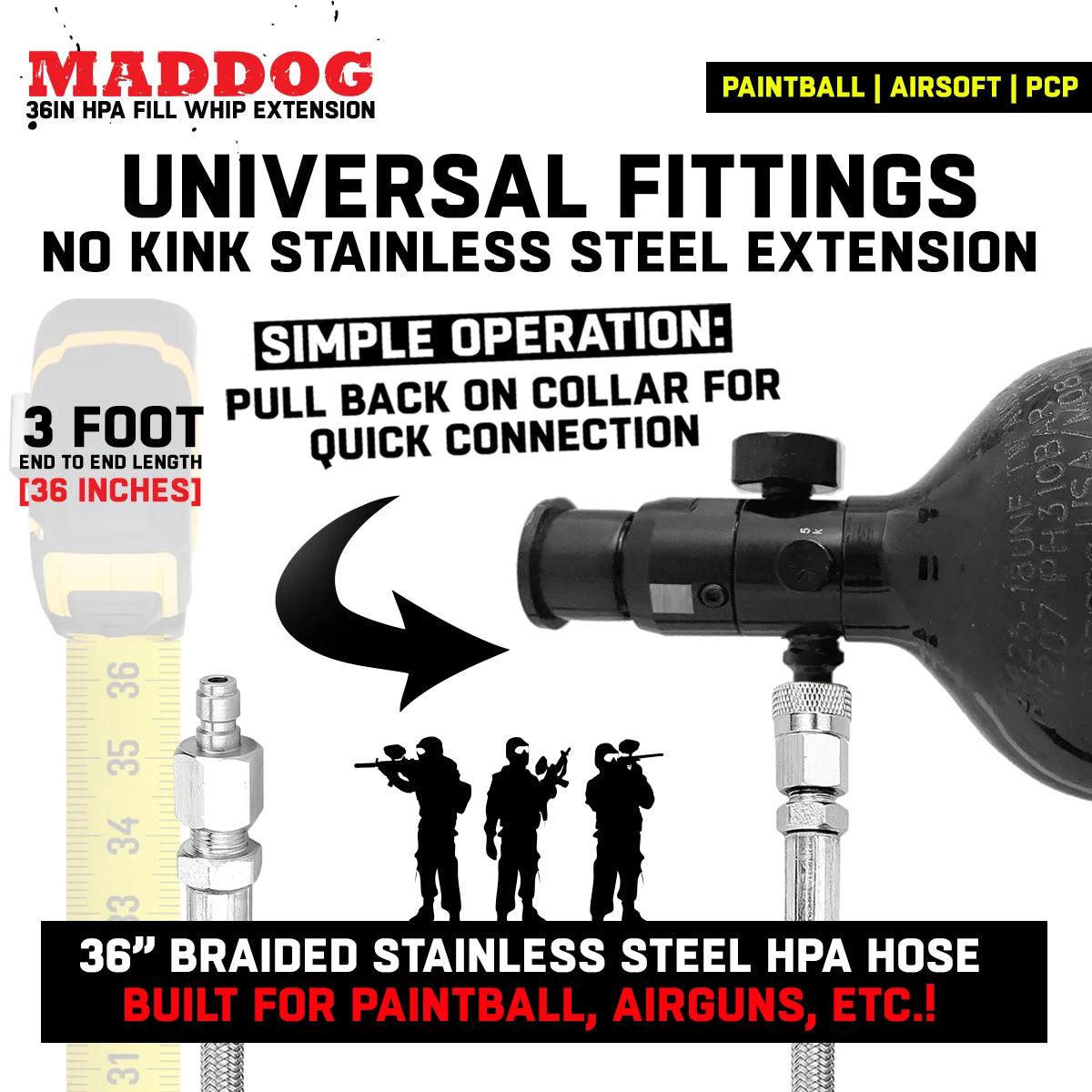 CLEARANCE Maddog Paintball Fill Whip Hose Extension | 36" Stainless Steel 4500 PSI - OPEN BOX / USED
