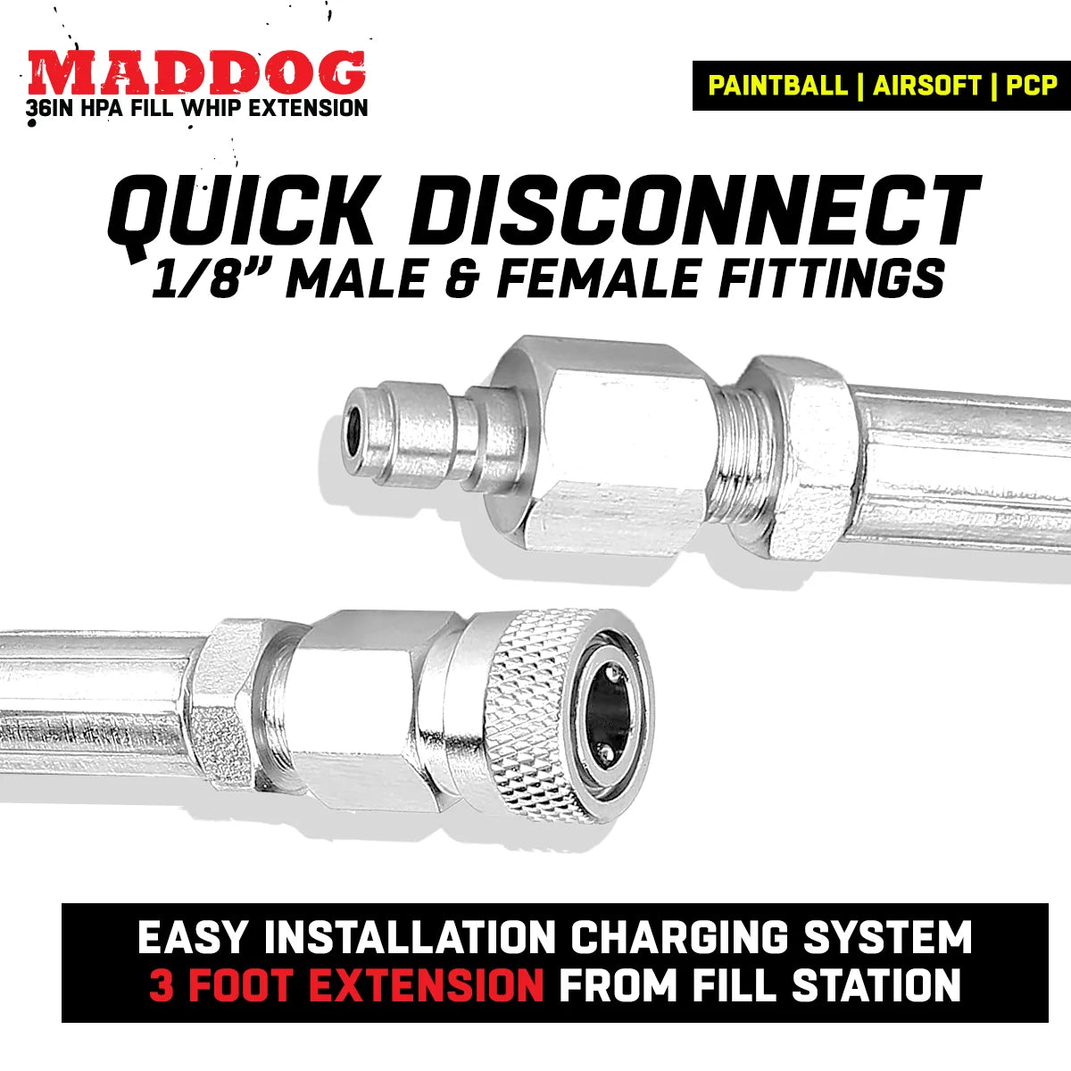 CLEARANCE Maddog Paintball Fill Whip Hose Extension | 36" Stainless Steel 4500 PSI - OPEN BOX / USED