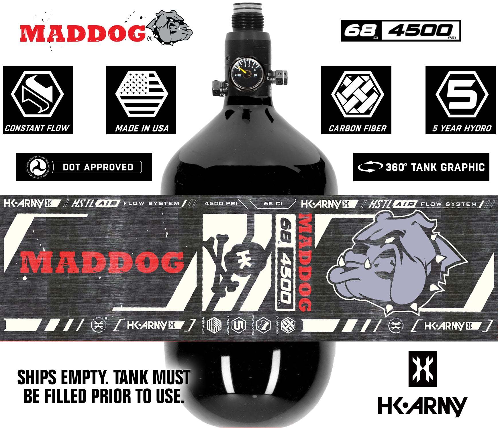 HK Army Maddog HSTL 68/4500 carbon fiber HPA paintball tank with aluminum regulator, DOT approved, lightweight and durable, 800 psi output pressure, made in USA