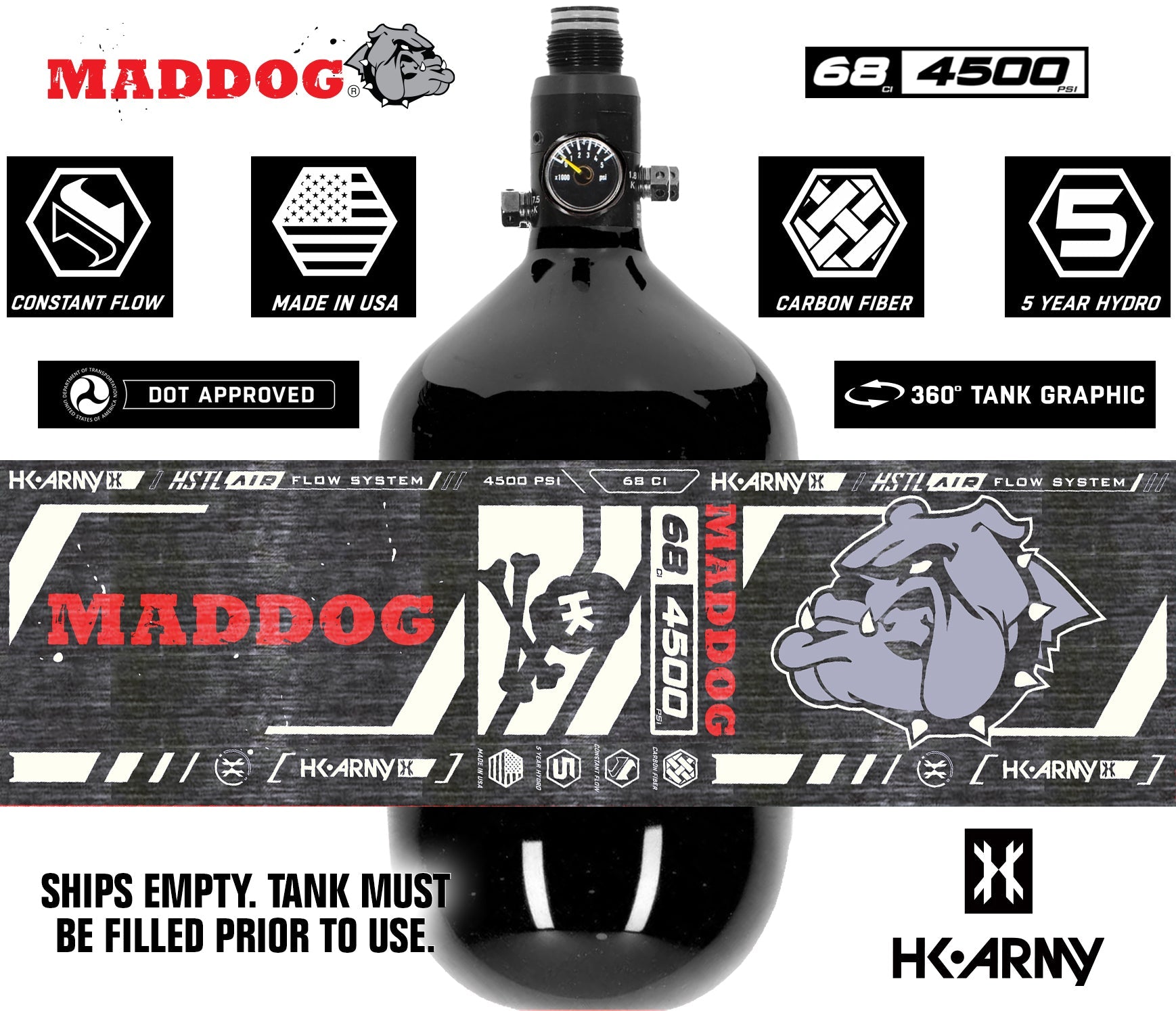 CLEARANCE USED Maddog HK Army HSTL 68/4500 Carbon Fiber HPA Compressed Air Paintball Tank Bottle System - Standard Reg | 2025 Hydro