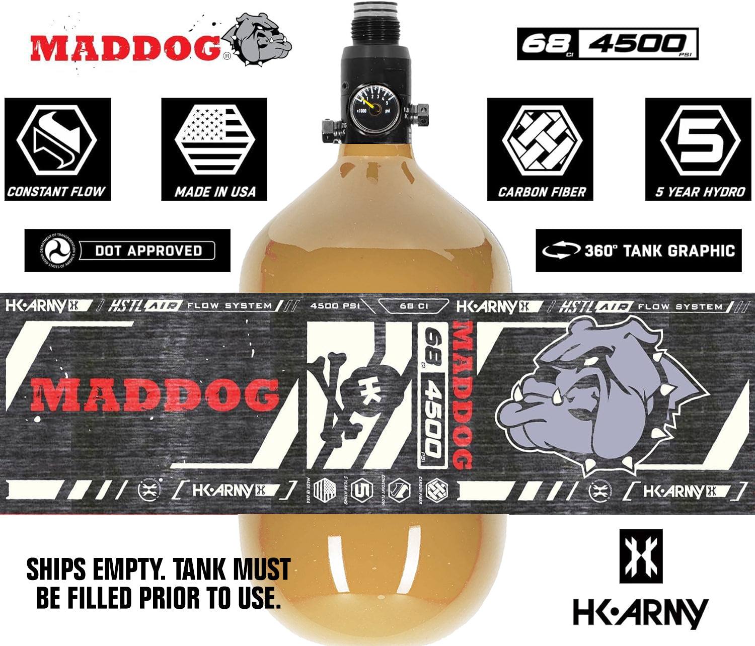 HK Army Maddog HSTL 68/4500 carbon fiber HPA paintball tank with aluminum regulator, 800 psi output, DOT approved, lightweight and made in USA.