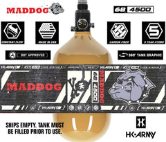 HK Army Maddog HSTL 68/4500 carbon fiber HPA paintball tank with aluminum regulator, 800 psi output, DOT approved, lightweight and made in USA.