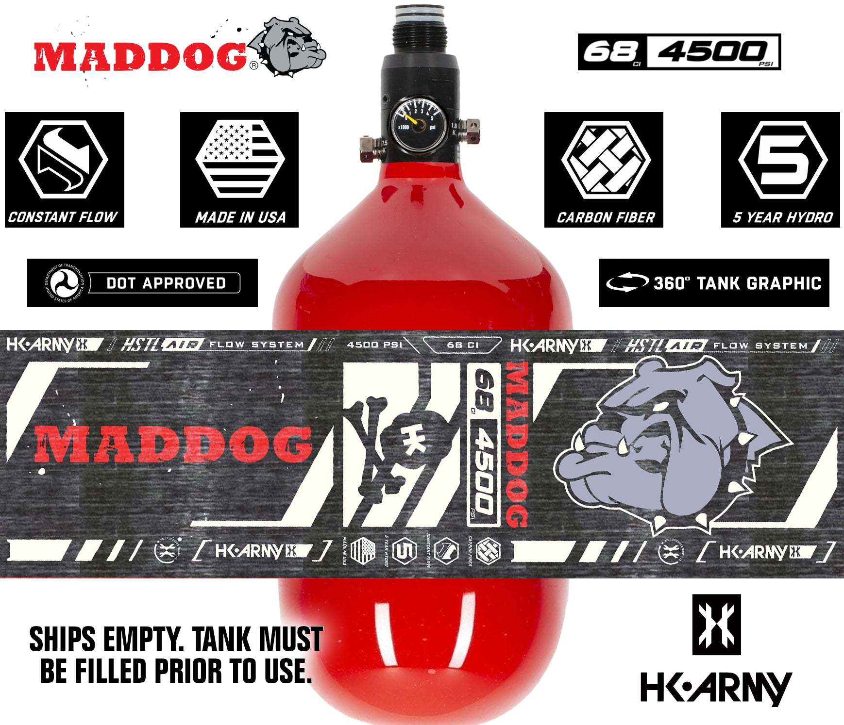 HK Army Maddog HSTL 68/4500 carbon fiber HPA paintball tank with aluminum regulator and 800 psi output, DOT approved, red bottle, made in USA