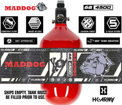 HK Army Maddog HSTL 68/4500 carbon fiber HPA paintball tank with aluminum regulator and 800 psi output, DOT approved, red bottle, made in USA